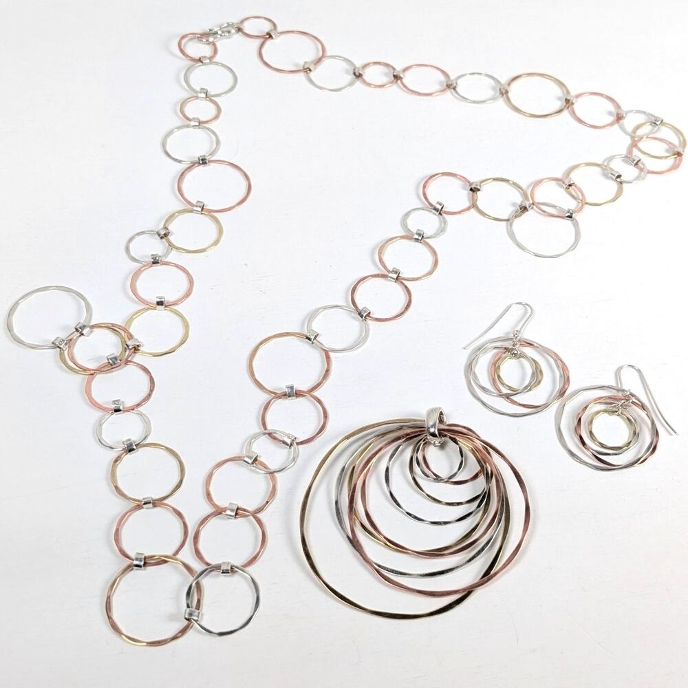 RLM Studio 925 Sterling Tri-Metal Round Link Necklace Pendant Earring Set *READ